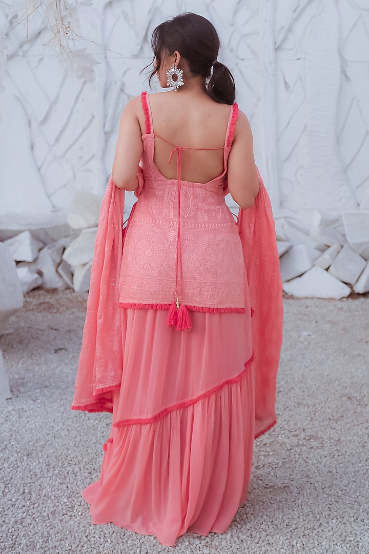 Peach Chikankari Embroidered Lehenga Set by Monk & Mei at Pernia's Pop Up Shop