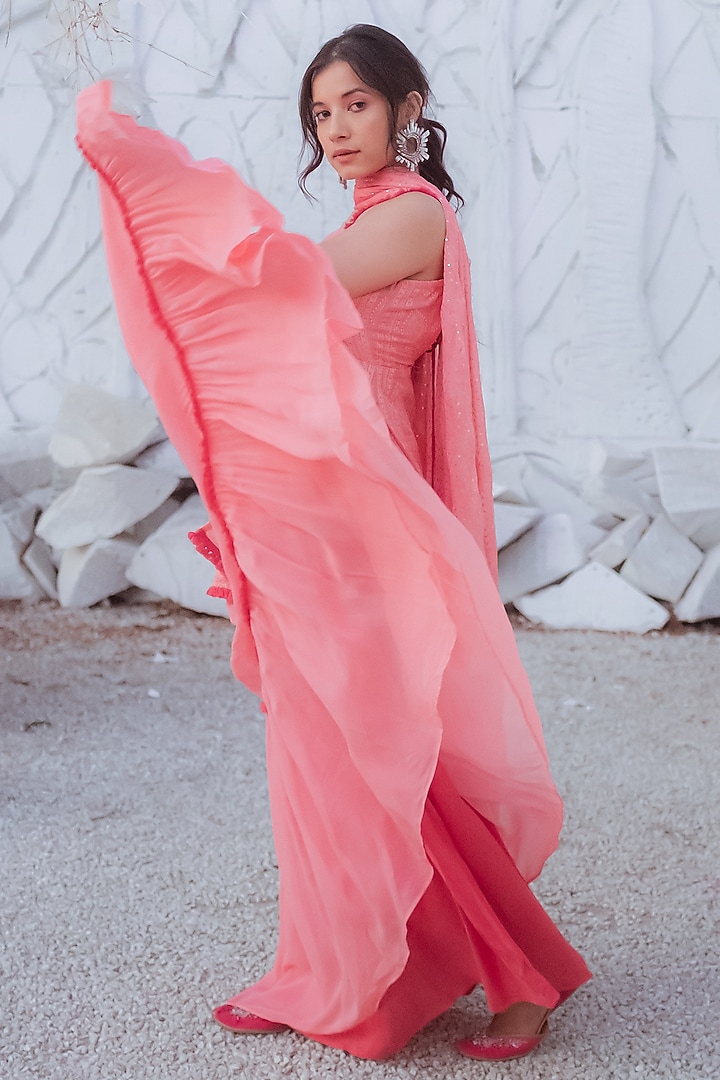 Peach Chikankari Embroidered Lehenga Set by Monk & Mei at Pernia's Pop Up Shop