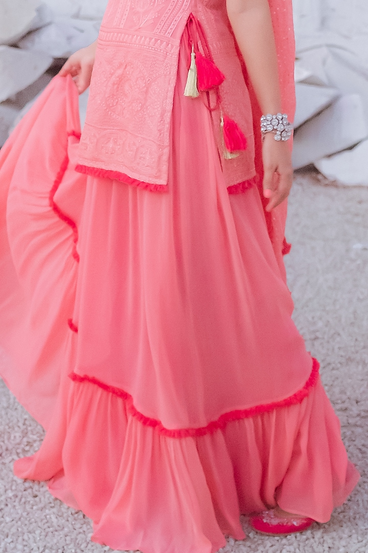 Peach Chikankari Embroidered Lehenga Set by Monk & Mei at Pernia's Pop Up Shop
