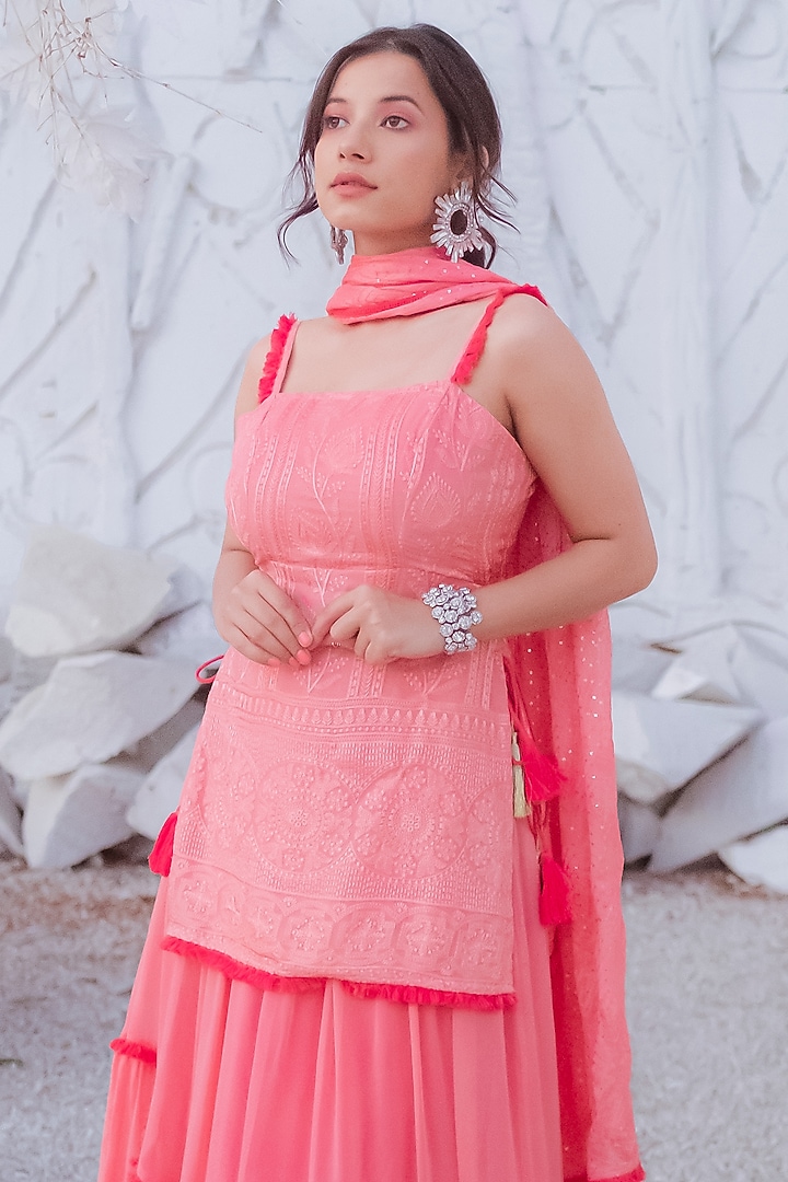 Peach Chikankari Embroidered Lehenga Set by Monk & Mei at Pernia's Pop Up Shop
