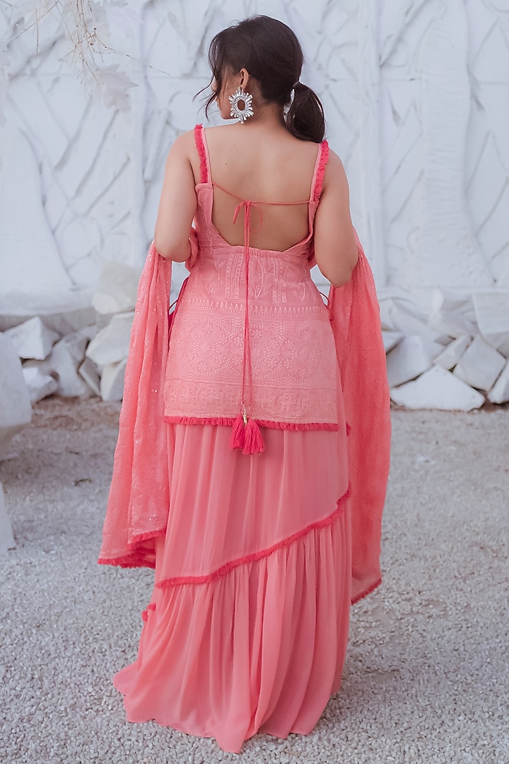 Peach Chikankari Skirt Set by Monk & Mei at Pernia's Pop Up Shop