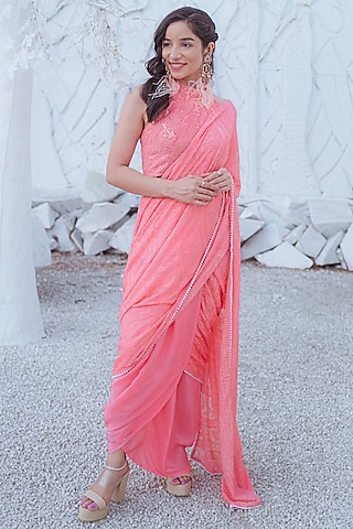 Peach Georgette Pearl Embroidered Pre-Stitched Dhoti Saree Set by Monk & Mei