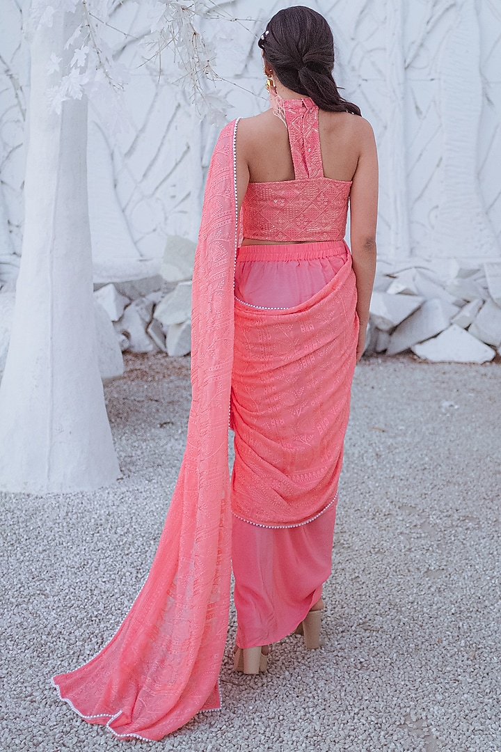 Peach Georgette Pearl Embroidered Pre-Stitched Dhoti Festive Saree Set by Monk & Mei at Pernia's Pop Up Shop
