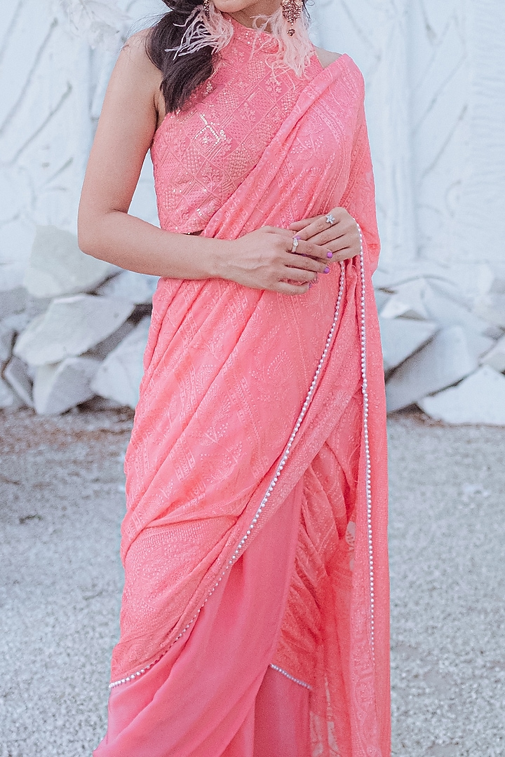 Peach Georgette Pearl Embroidered Pre-Stitched Dhoti Festive Saree Set by Monk & Mei at Pernia's Pop Up Shop