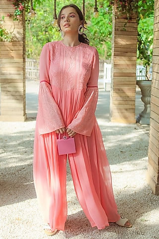 Peach Chikankari Embroidered Jumpsuit by Monk & Mei