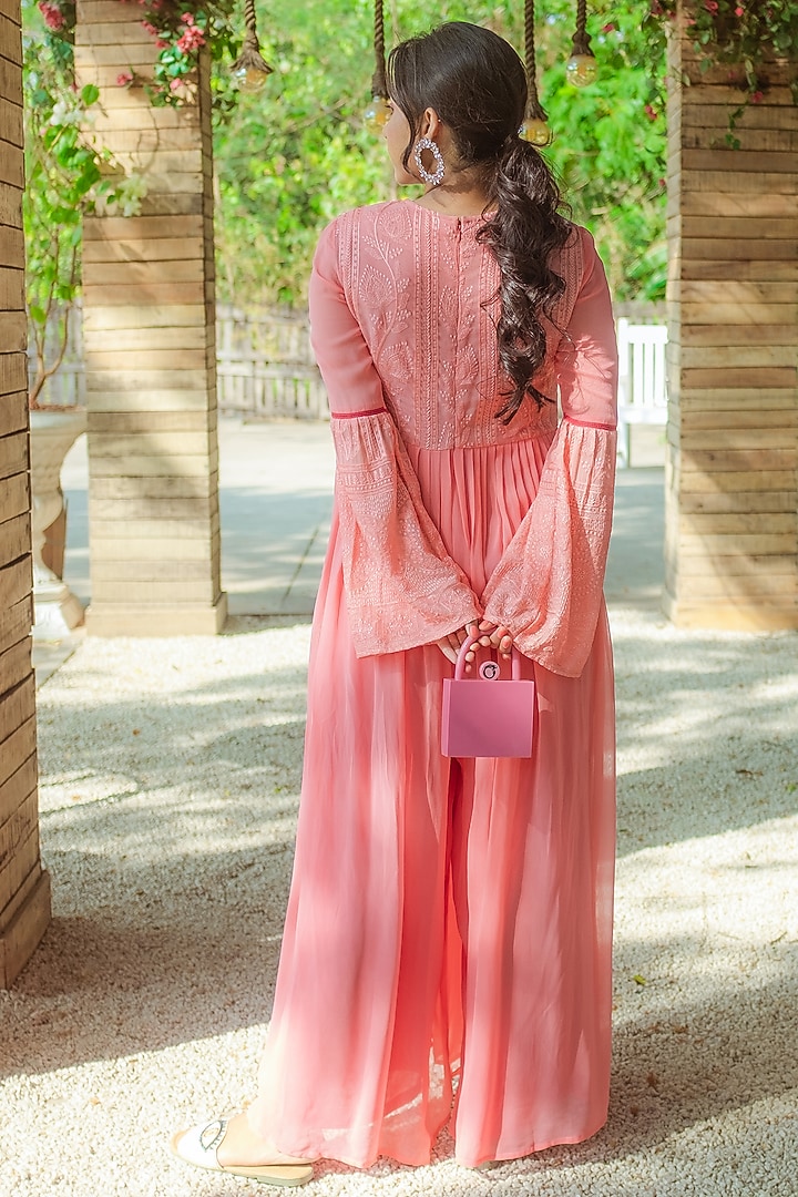 Peach Chikankari Embroidered Jumpsuit by Monk & Mei at Pernia's Pop Up Shop
