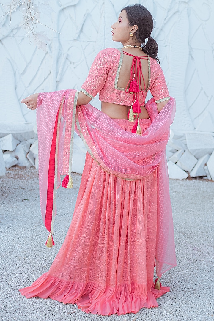 Peach Chikankari & Georgette Lehenga Set by Monk & Mei at Pernia's Pop Up Shop