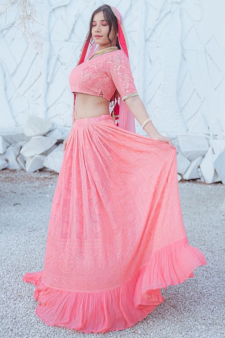 Peach Chikankari & Georgette Lehenga Set by Monk & Mei at Pernia's Pop Up Shop