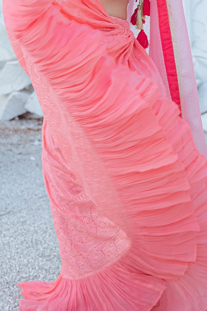 Peach Chikankari & Georgette Lehenga Set by Monk & Mei at Pernia's Pop Up Shop