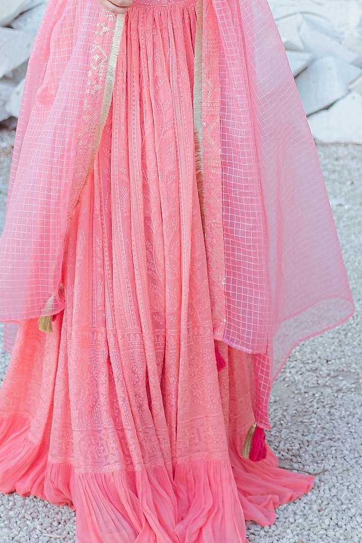 Peach Chikankari & Georgette Lehenga Set by Monk & Mei at Pernia's Pop Up Shop
