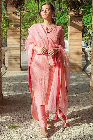 Peach Embroidered Kurta Set by Monk & Mei