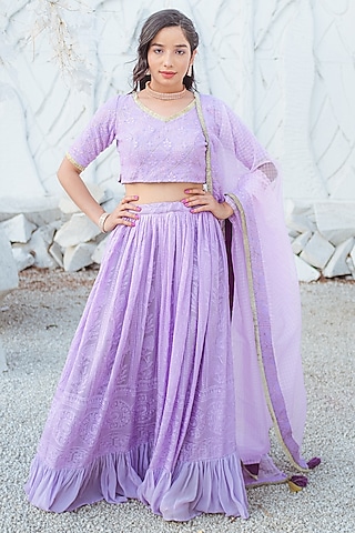 Purple Embroidered Lehenga Set by Monk & Mei