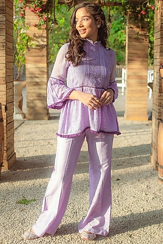 Purple Georgette Bell Bottom Pant Set by Monk & Mei