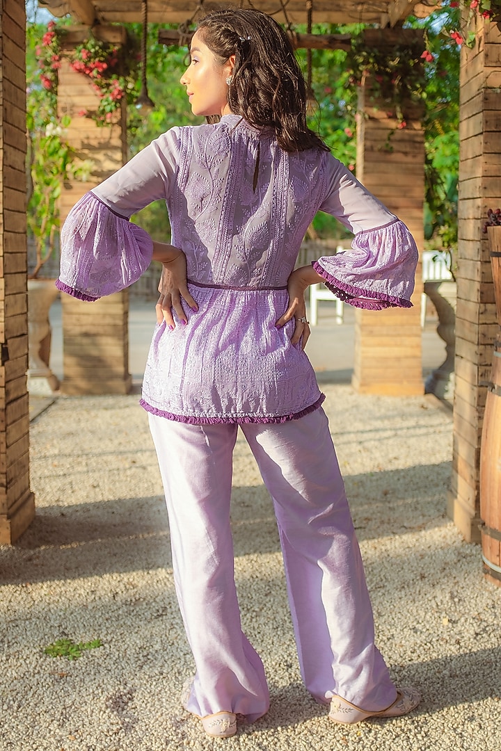 Purple Georgette Bell Bottom Pant Set by Monk & Mei at Pernia's Pop Up Shop