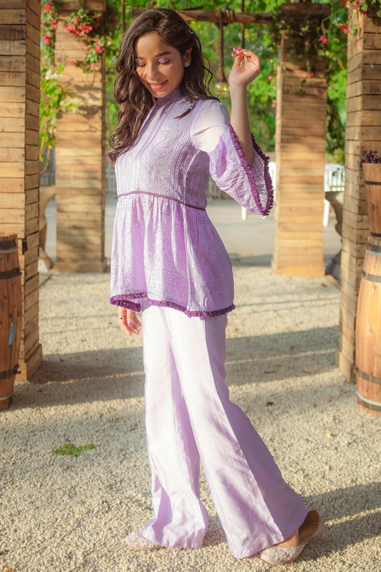 Purple Bandhani Printed Yoke Design Pleated Gotta Patti Kurti With Sha–  Inddus.in