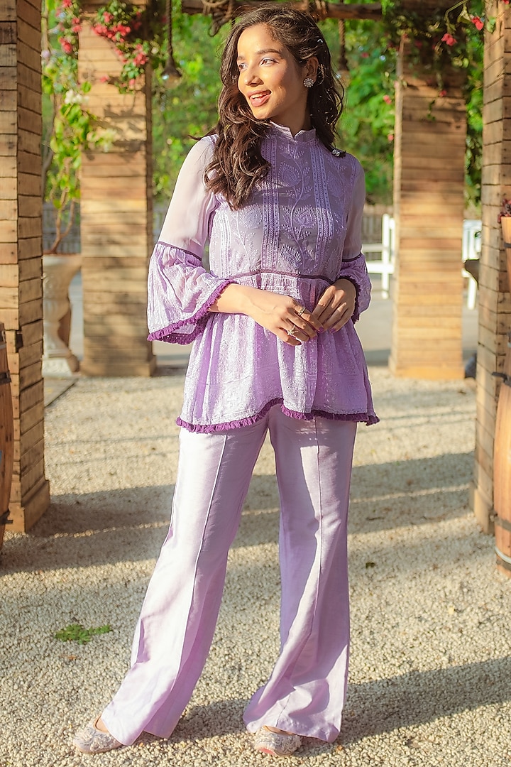 Purple Embroidered Flared Top by Monk & Mei