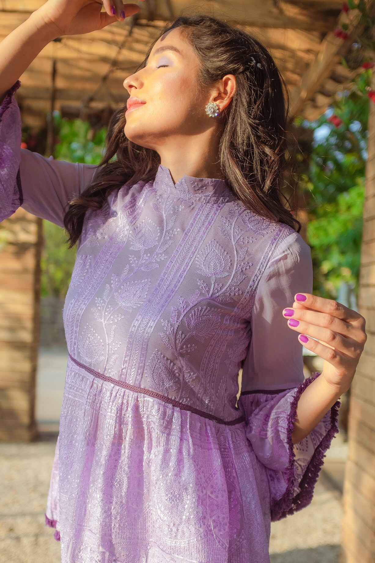 Purple Embroidered Flared Top Design by Monk & Mei at Pernia's Pop