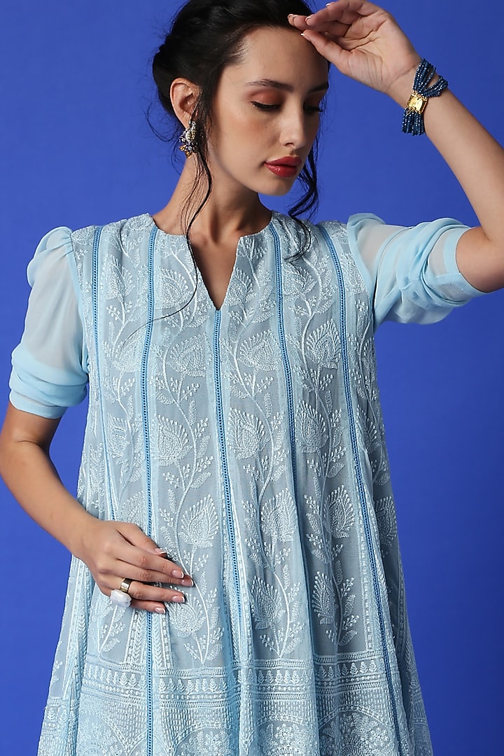 Ice Blue Chikankari Embroidered Kurta by Monk & Mei at Pernia's Pop Up Shop