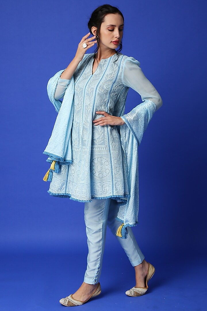Ice Blue Chikankari Embroidered Kurta Set by Monk & Mei at Pernia's Pop Up Shop