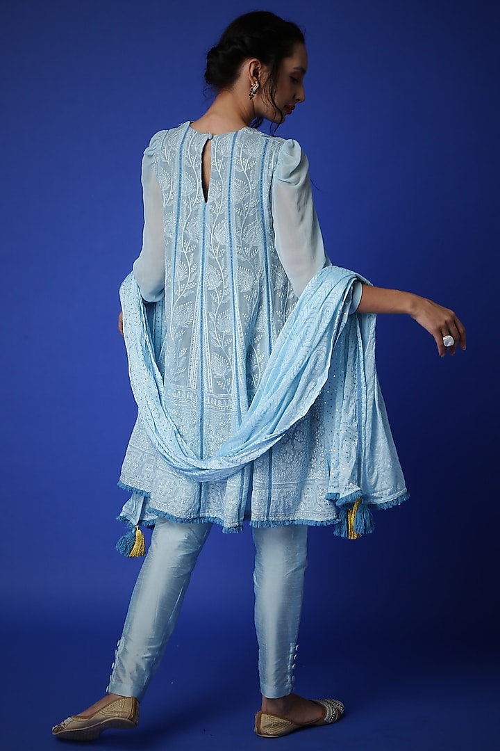 Ice Blue Chikankari Embroidered Kurta Set by Monk & Mei at Pernia's Pop Up Shop