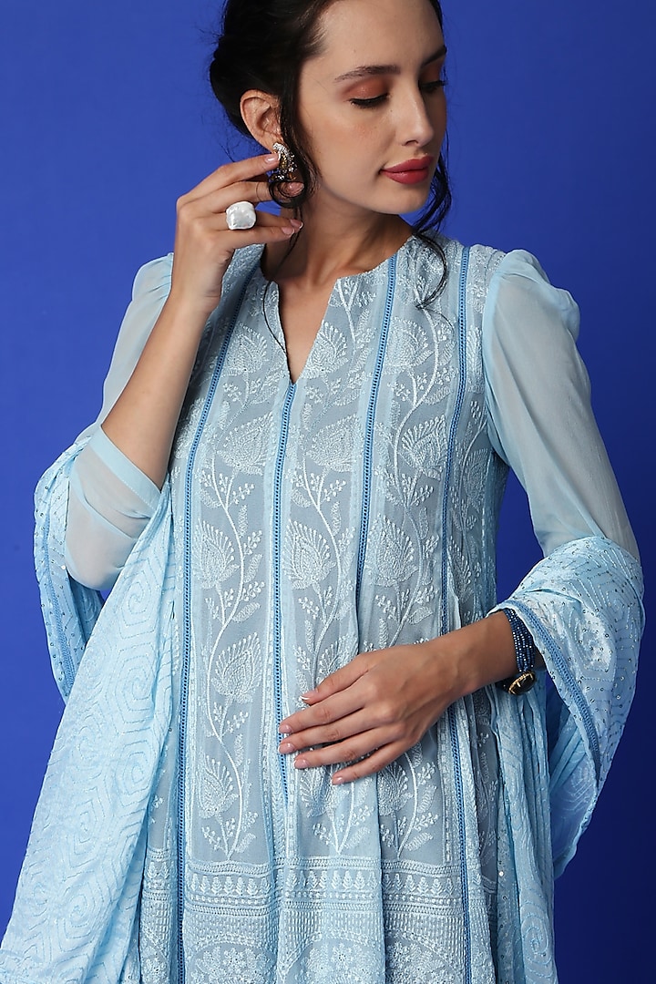 Ice Blue Chikankari Embroidered Kurta Set by Monk & Mei at Pernia's Pop Up Shop