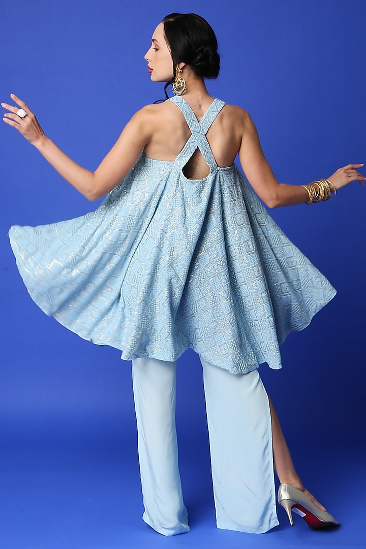 Ice Blue Crepe Flared Pant Set by Monk & Mei at Pernia's Pop Up Shop