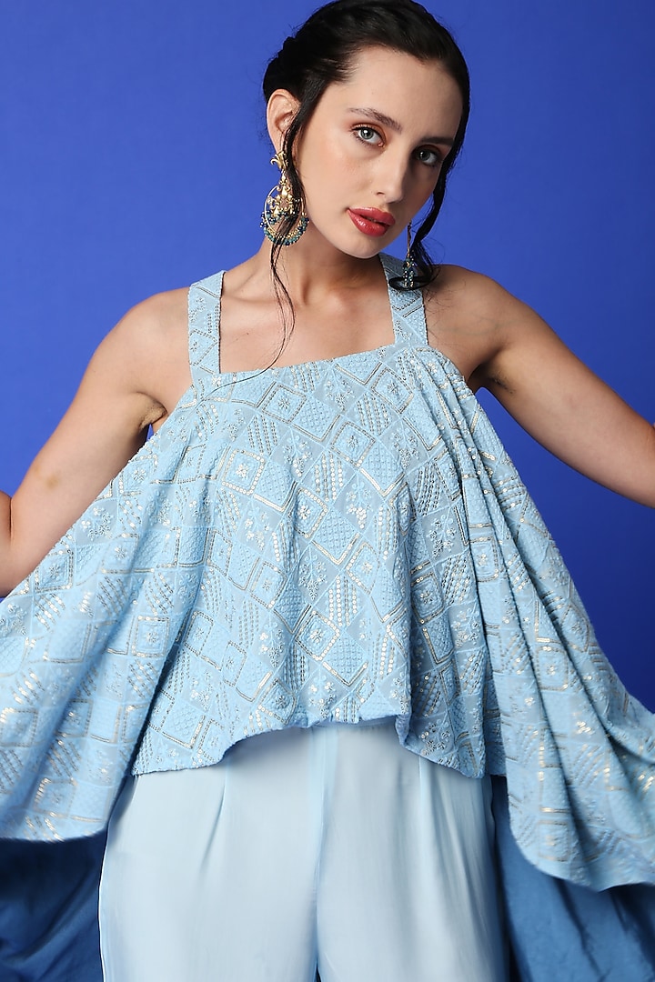 Ice Blue Crepe Flared Pant Set by Monk & Mei at Pernia's Pop Up Shop