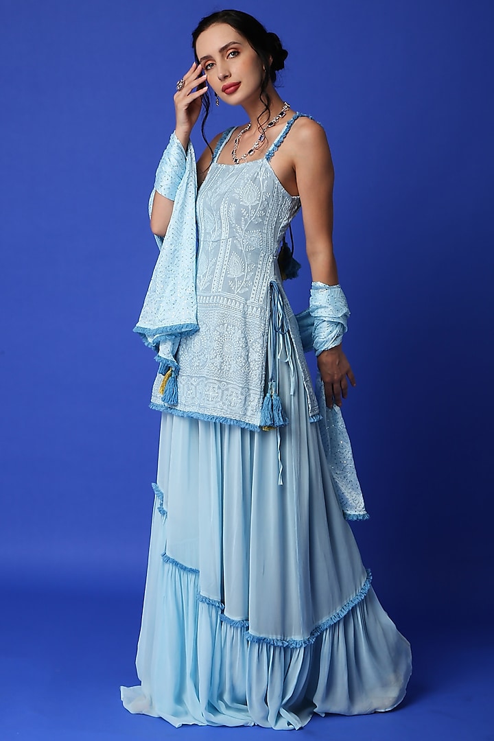 Ice Blue Georgette Lehenga Set by Monk & Mei