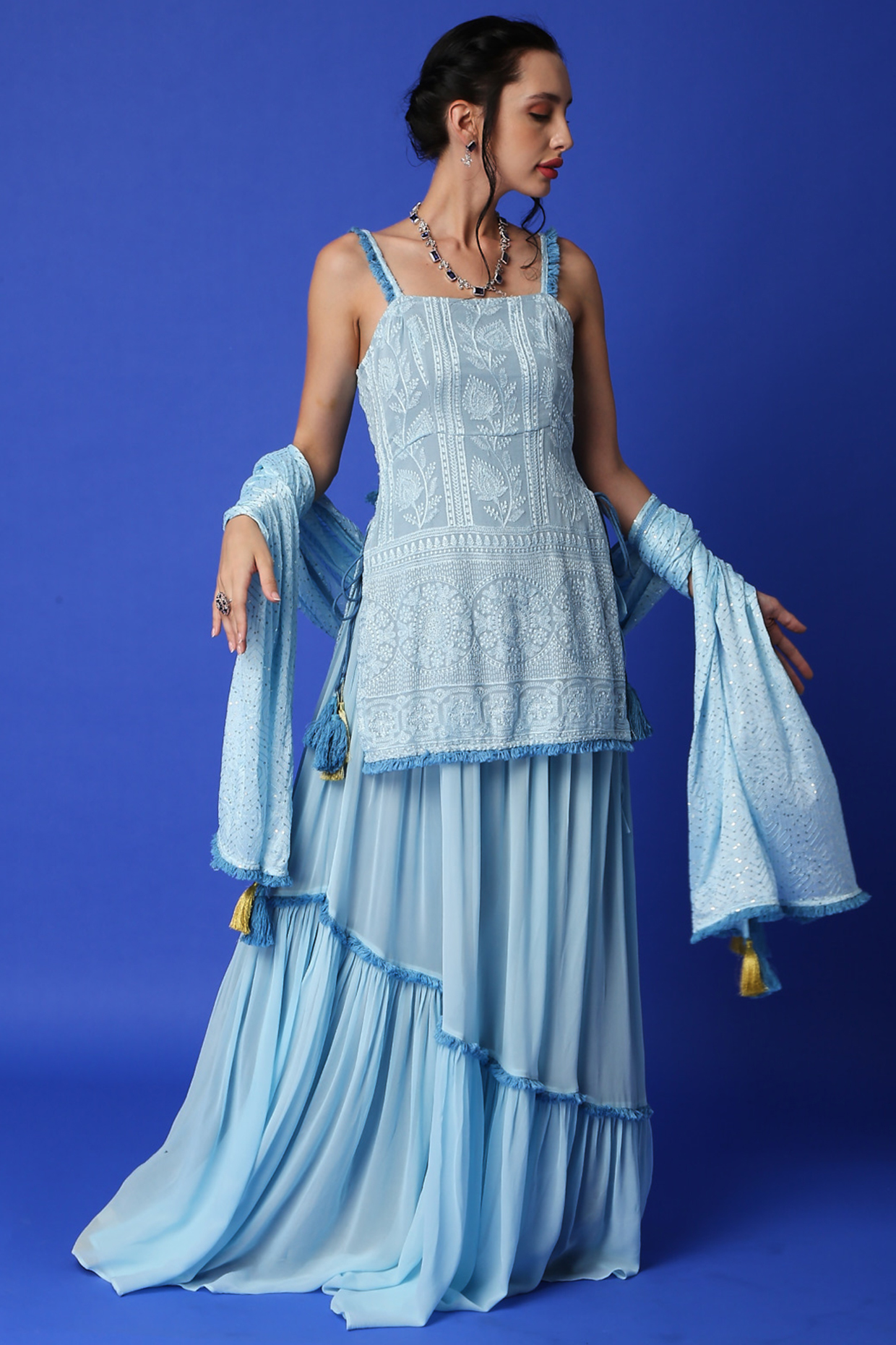Ice Blue Embroidered Kurta by Monk & Mei at Pernia's Pop Up Shop