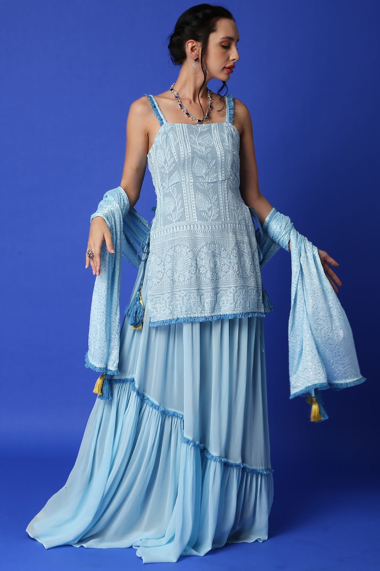 Ice Blue Georgette Lehenga Set by Monk & Mei at Pernia's Pop Up Shop