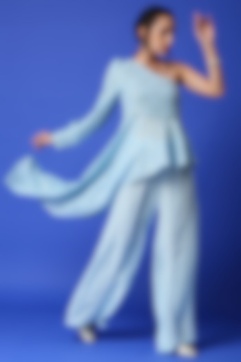 Ice Blue Georgette Palazzo Pant Set by Monk & Mei at Pernia's Pop Up Shop