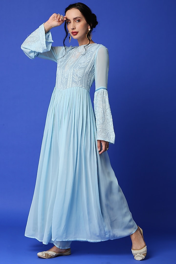 Ice Blue Georgette Jumpsuit by Monk & Mei at Pernia's Pop Up Shop