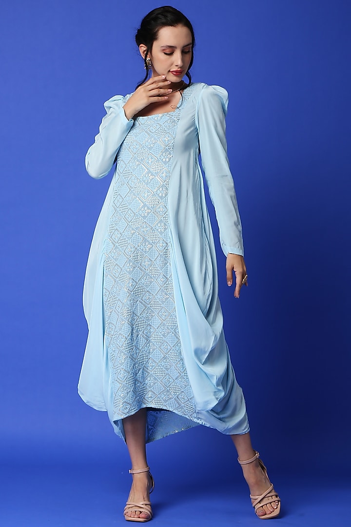 Ice Blue Embroidered Cowl Dress by Monk & Mei
