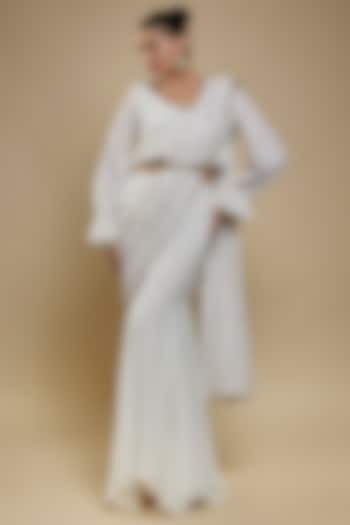 White Chikankari Pre-Draped Saree Set by Monk & Mei