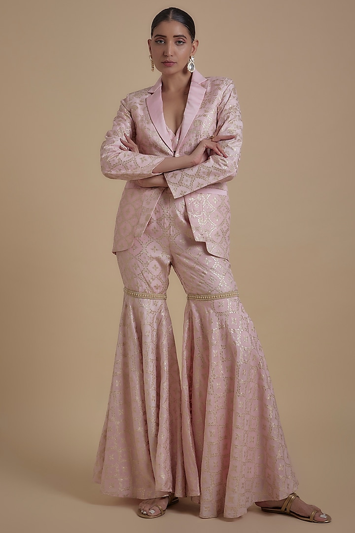 Blush Pink Banarasi Silk Brocade Blazer Set by Monk & Mei