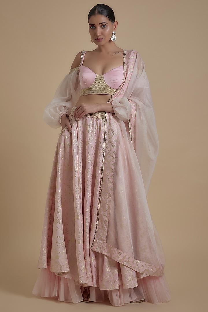 Blush Pink Brocade & Organza Layered Lehenga Set by Monk & Mei at Pernia's Pop Up Shop