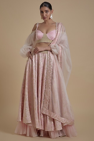 Blush Pink Brocade & Organza Layered Lehenga Set by Monk & Mei