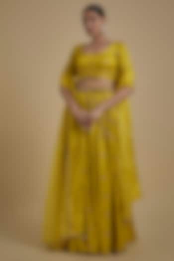 Yellow Silk Blend Botta Embroidered Kali Lehenga Set by Monk & Mei at Pernia's Pop Up Shop