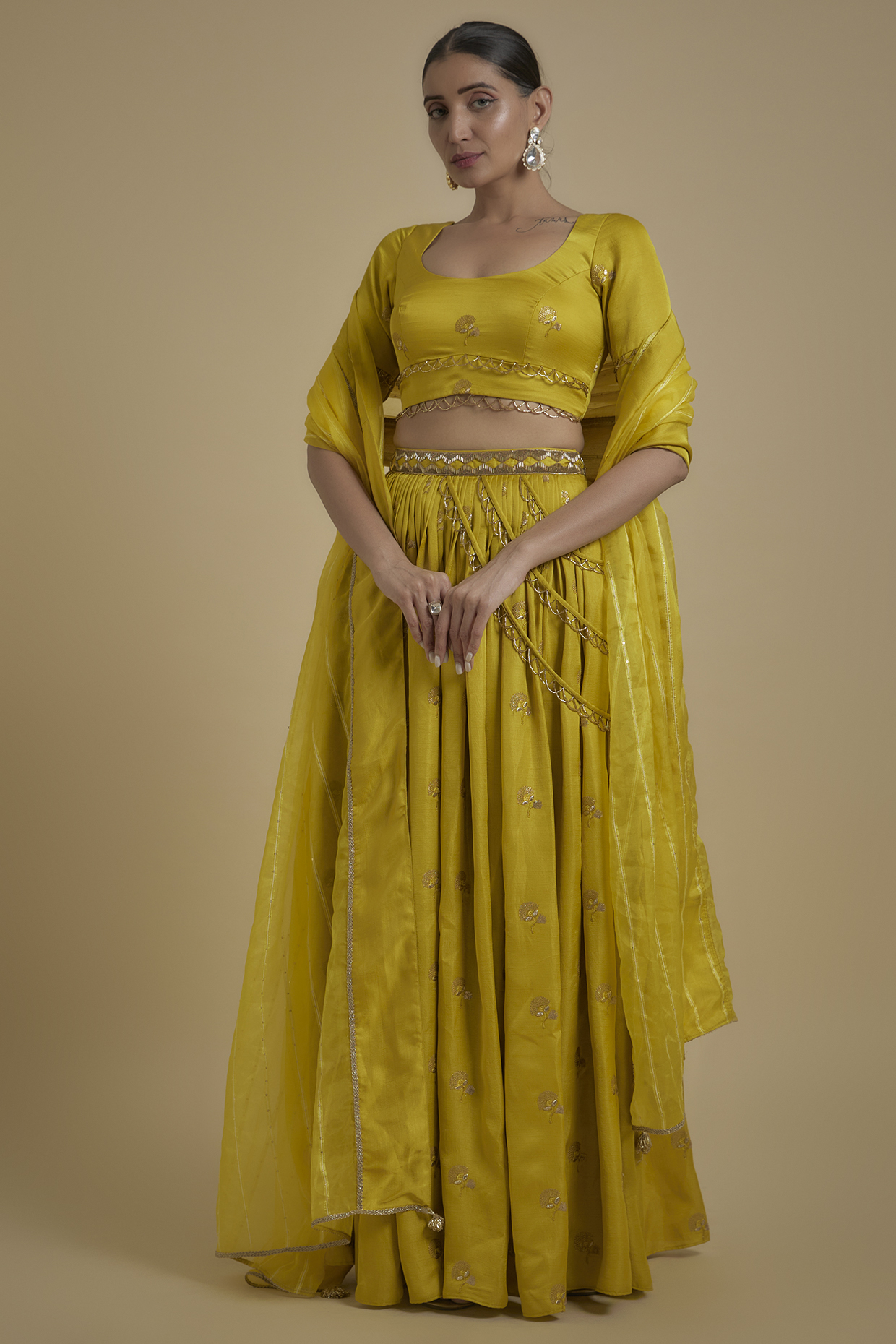 Yellow Silk Blend Botta Embroidered Kali Lehenga Set by Monk & Mei at Pernia's Pop Up Shop