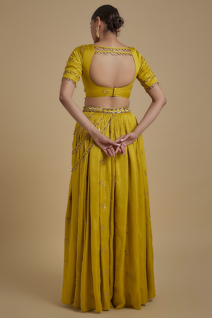 Yellow Silk Blend Botta Embroidered Kali Lehenga Set by Monk & Mei at Pernia's Pop Up Shop