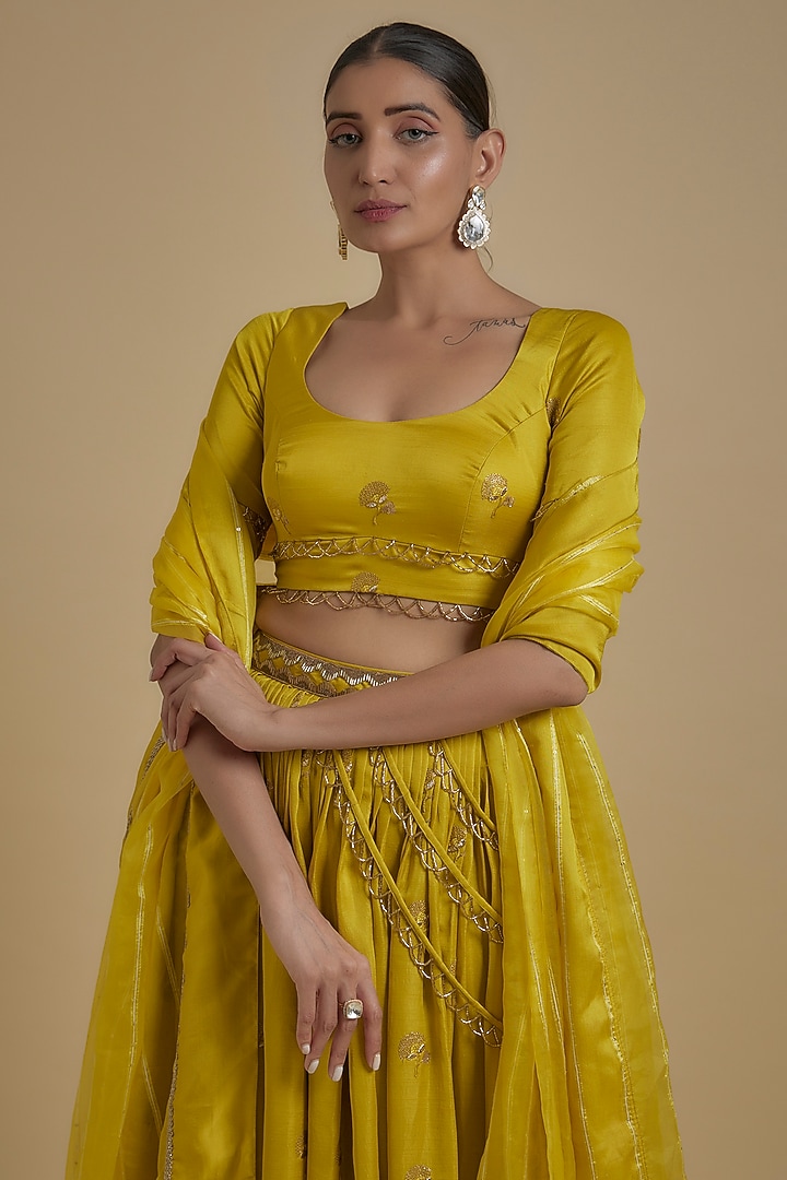 Yellow Silk Blend Botta Embroidered Kali Lehenga Set by Monk & Mei at Pernia's Pop Up Shop