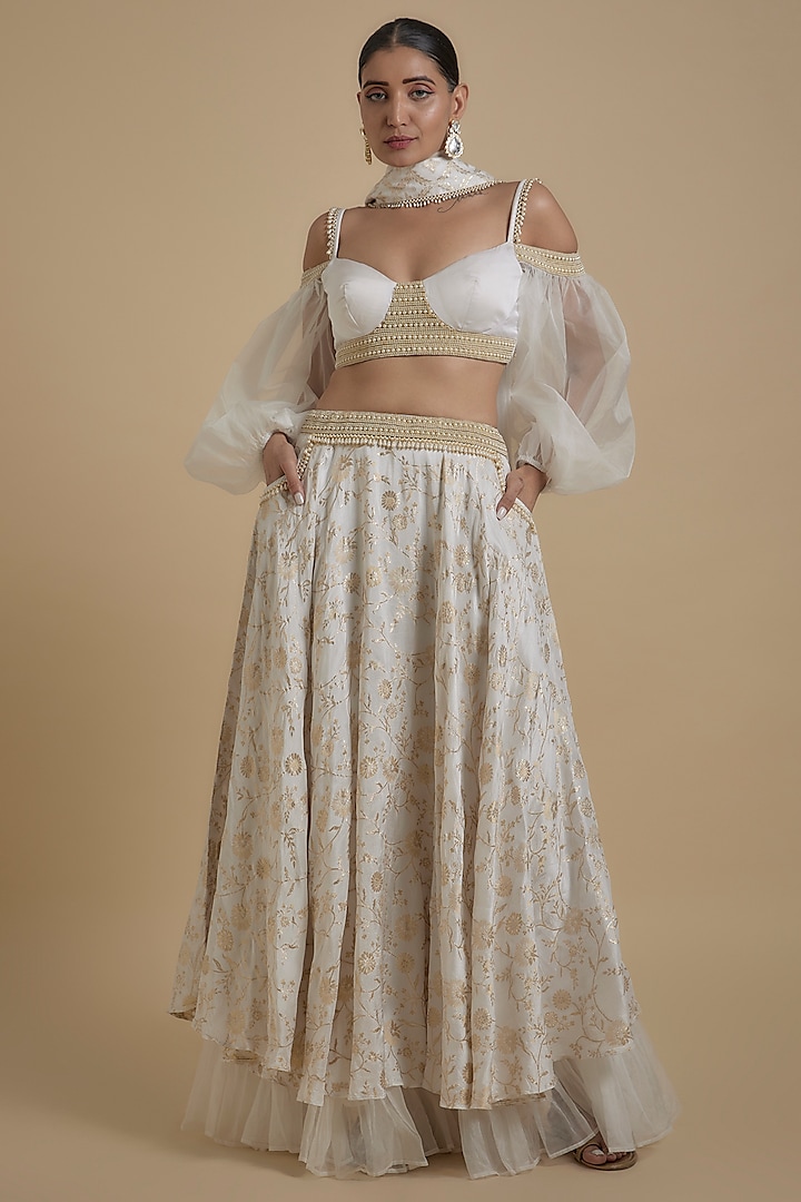 White Pink Brocade & Organza Layered Lehenga Set by Monk & Mei at Pernia's Pop Up Shop