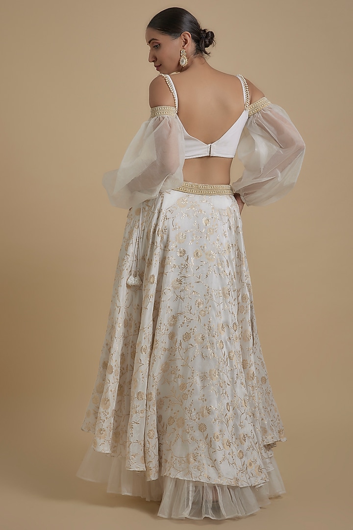 White Pink Brocade & Organza Layered Lehenga Set by Monk & Mei at Pernia's Pop Up Shop