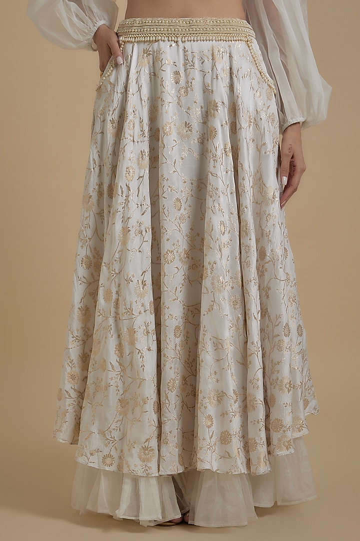 White Pink Brocade & Organza Layered Lehenga Set by Monk & Mei at Pernia's Pop Up Shop