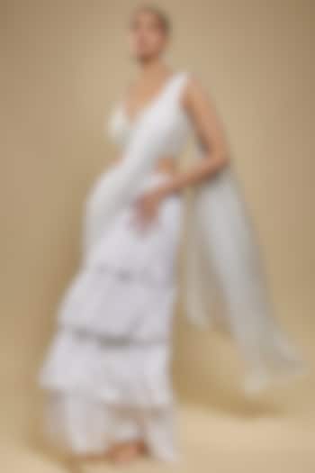White Satin Ruffled Skirt Saree Set by Monk & Mei