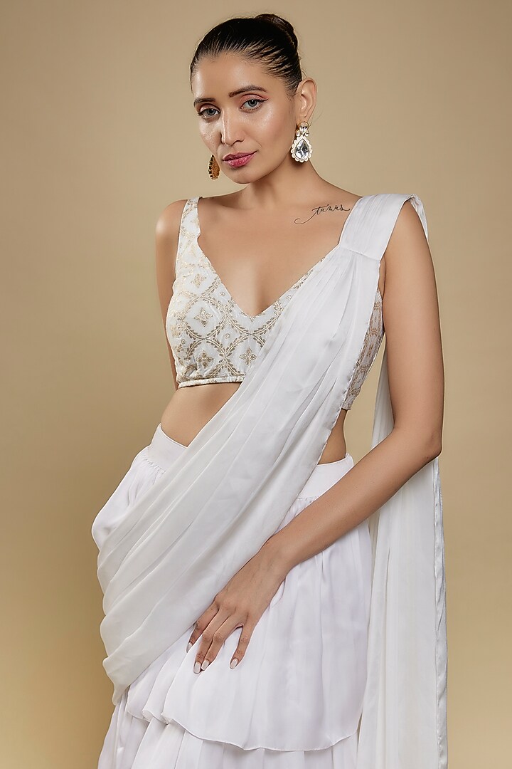 White Satin Ruffled Skirt Festive Saree Set by Monk & Mei at Pernia's Pop Up Shop