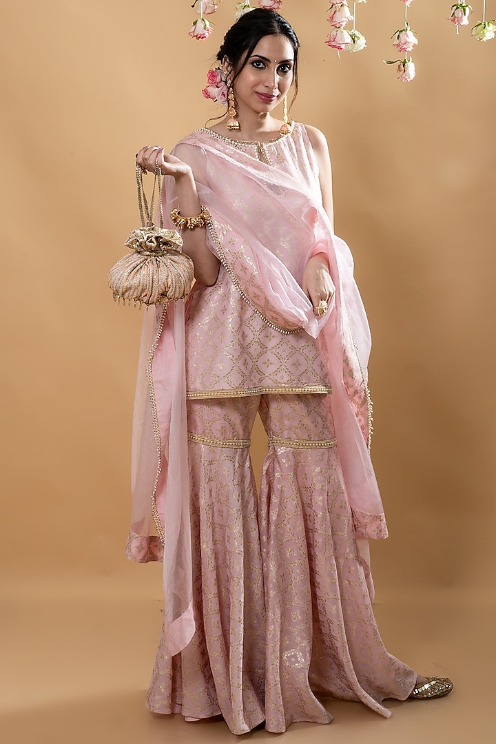Powder Pink Brocade Party Wear Sharara Set by Monk & Mei at Pernia's Pop Up Shop