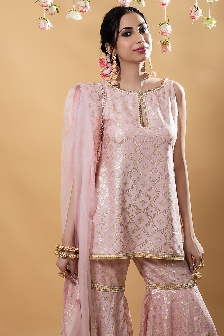 Powder Pink Brocade Party Wear Sharara Set by Monk & Mei at Pernia's Pop Up Shop