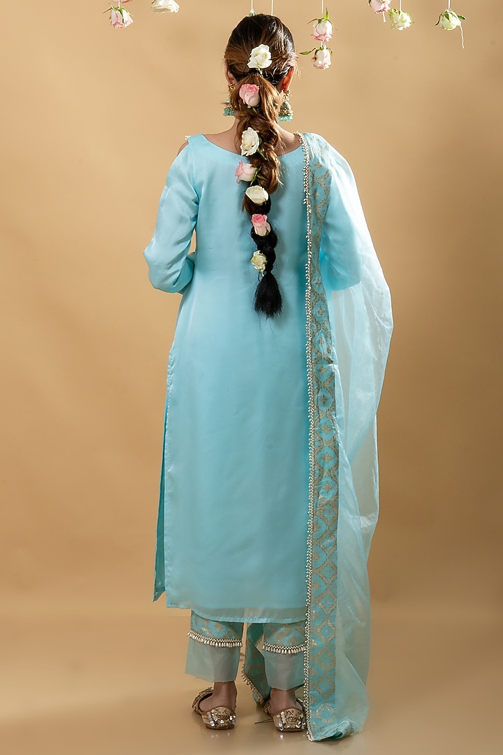 Blue Silk Satin & Brocade Kurta Set by Monk & Mei at Pernia's Pop Up Shop