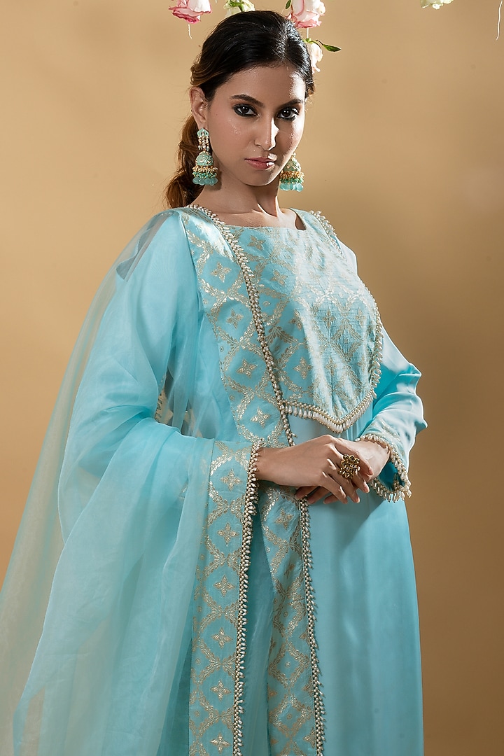 Blue Silk Satin & Brocade Kurta Set by Monk & Mei at Pernia's Pop Up Shop